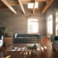 Гостиная в стиле Лофт. Кирпичные стены, современная мебель.